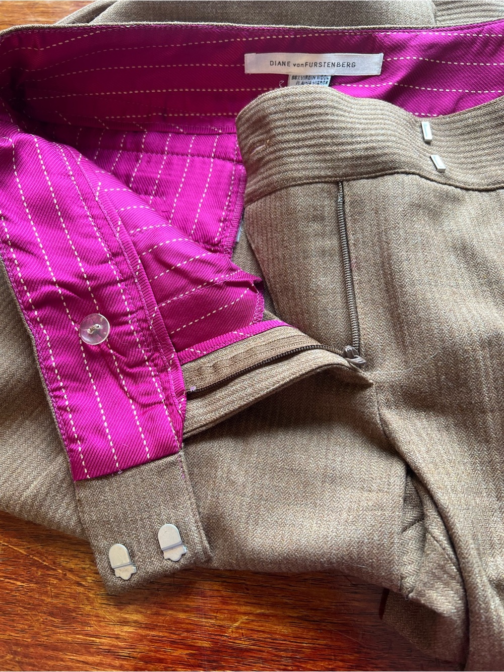 Diane Von Furstenberg Wool Blend Pink Lining Wide Leg Pant Size 4 Brown - Picture 5 of 9